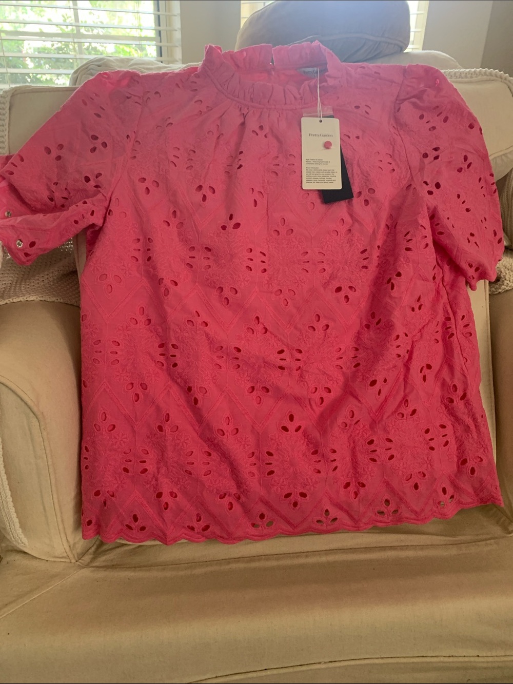 Eyelet Ruffle Mock Neck Blouse in Hot Pink by Crown & Ivy